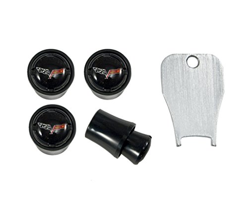 C6 Corvette All Black Tire Air Valve Stem Caps w/ Crossed Flags Logo Emblem; 4pc Anti-Theft Locking Set