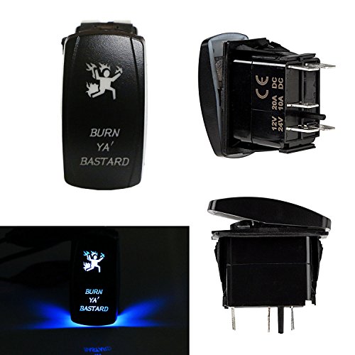 iJDMTOY (1) Burn Ya' Bastard 5-Pin SPST ON/OFF Blue LED Indicator Rocker Switch For Car Truck 4x4 Jeep Boat For Work Lights, Fog Lights, Daytime Running Lamps, etc