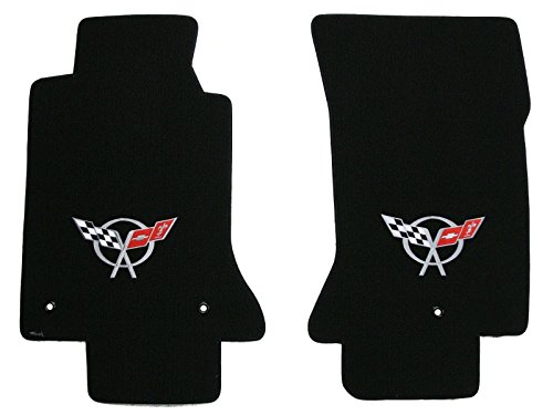 C5 Corvette Classic Loop Ebony Black Floor Mats Set with Crossed Flags Logo in Silver