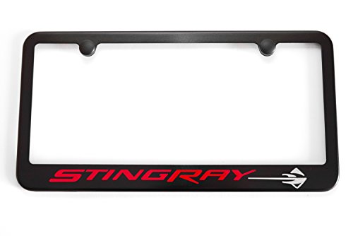 Chevrolet C7 Corvette Stingray Satin Black License Plate Frame - Red & Silver Engraving