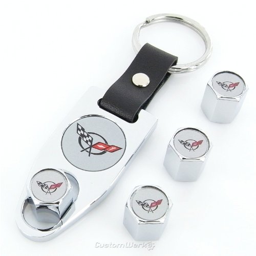 Corvette C5 Logo Chrome Tire Valve Caps + Wrench Key Chain